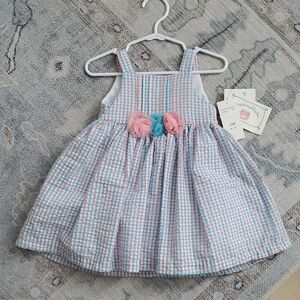 NWT Marmellata Baby Girls Pink Blue Gingham Rosette Dress Sz12m